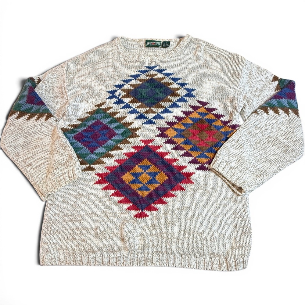 American Eagle Sweater Mens Small Beige Aztec Southwest Ramie Cotton Knit Vtg